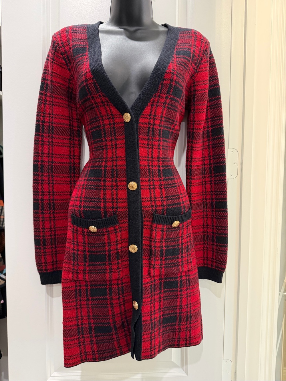 Fashion Nova Power Hour Plaid Mini Sweater Dress Red Black M